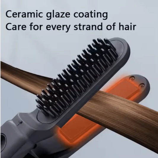 2-in-1 hair straightener comb with ceramic glaze coating for smooth and healthy hair styling